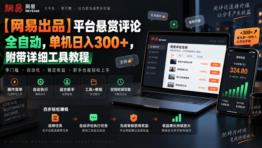 【网易出品】平台悬赏评论全自动，单机日入300+，附带详细工具教程【揭秘】-梦清研习社