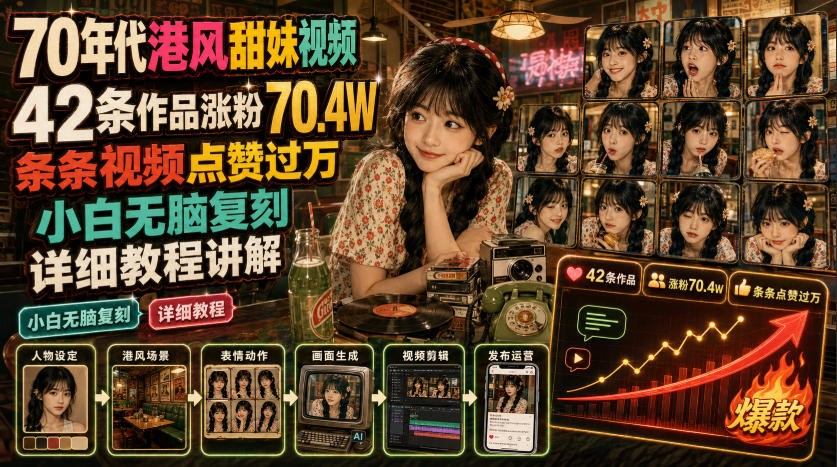 70年代港风甜妹视频，42条作品涨粉70.4W，条条视频点赞过万，小白无脑复刻，详细教程讲解-梦清研习社