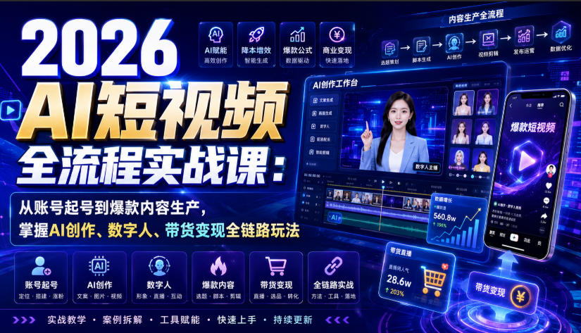2026 AI短视频全流程实战课：从账号起号到爆款内容生产，掌握AI创作、数字人、带货变现全链路玩法-梦清研习社