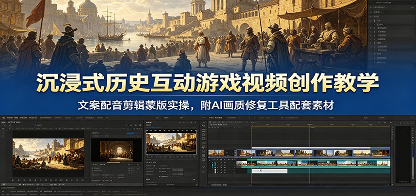 沉浸式历史互动游戏视频创作教学：文案配音剪辑蒙版实操，附AI画质修复工具配套素材-梦清研习社