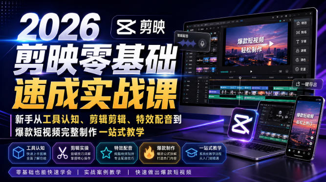 2026剪映零基础速成实战课｜新手从工具认知、剪辑剪辑、特效配音到爆款短视频完整制作一站式教学-梦清研习社