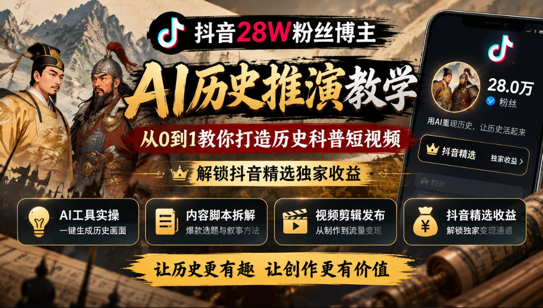 抖音28W粉丝博主的AI历史推演教学，从0到1教你打造历史科普短视频，解锁抖音精选独家收益-梦清研习社