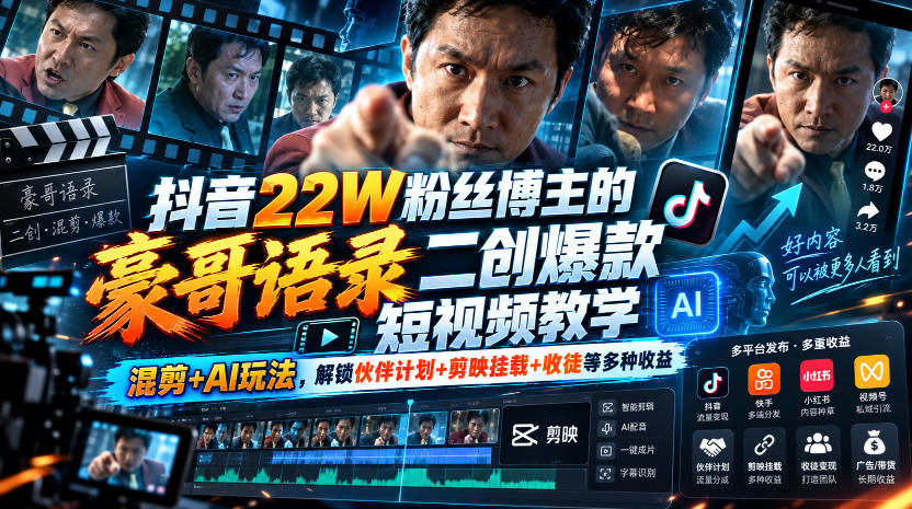 抖音22W粉丝博主的豪哥语录二创爆款短视频教学，混剪+AI玩法，解锁伙伴计划+剪映挂载+收徒等多种收益-梦清研习社
