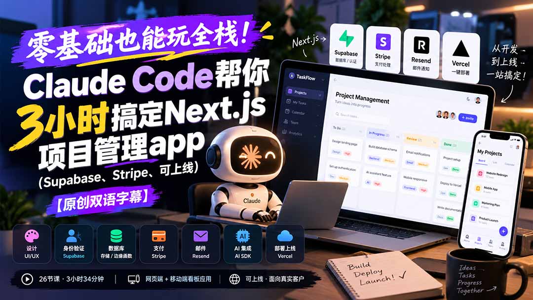 零基础也能玩全栈！Claude Code帮你3小时搞定Next.js项目管理app(Supabase、Stripe、可上线-梦清研习社