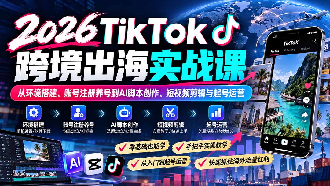 2026TikTok跨境出海实战课：从环境搭建、账号注册养号到AI脚本创作、短视频剪辑与起号运营-梦清研习社
