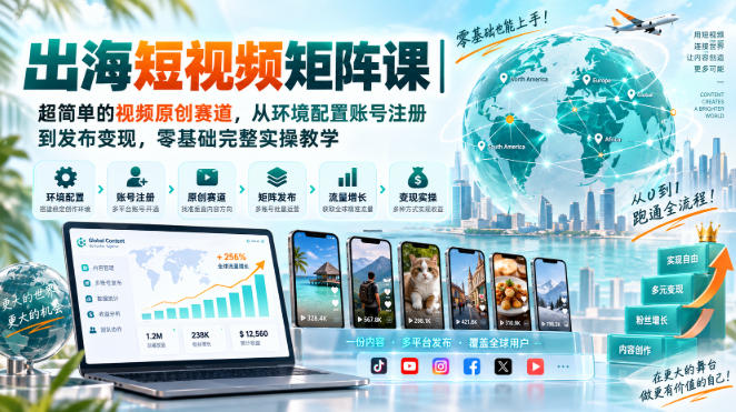 出海短视频矩阵课｜超简单的视频原创赛道，从环境配置账号注册到发布变现，零基础完整实操教学-梦清研习社