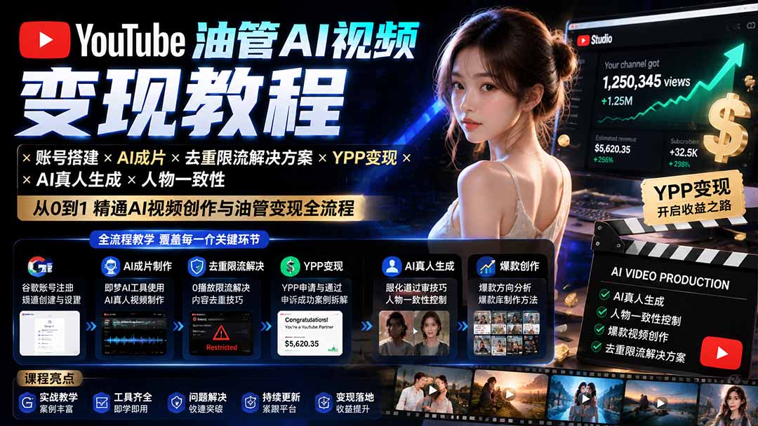 YouTube油管AI视频变现教程-更新：账号搭建×AI成片×去重限流解决方案×YPP变现×AI真人生成×人物一致性-梦清研习社