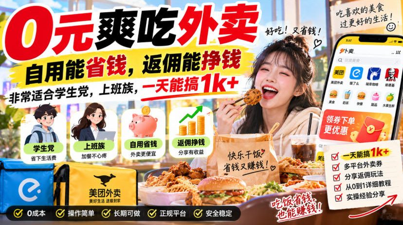 0元爽吃外卖，自用能省钱，返佣能挣钱，非常适合学生党，上班族，一天能搞1k+-梦清研习社