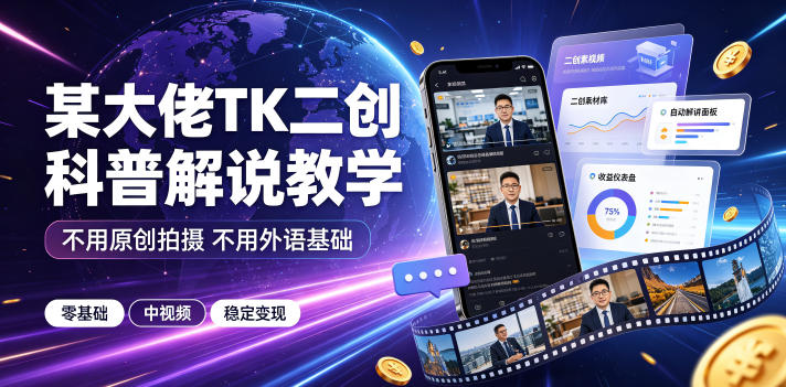 某大佬TK二创科普解说教学，不用原创拍摄不用外语基础，零基础做TikTok中视频稳定变现-梦清研习社