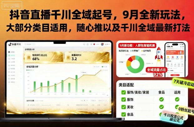 抖音直播千川全域起号，9月全新玩法，大部分类目适用，随心推以及千川全域最新打法-梦清研习社