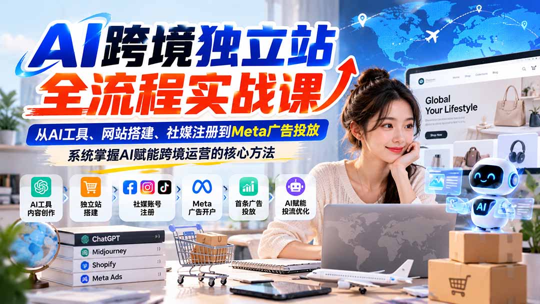AI跨境独立站全流程实战课：从AI工具、网站搭建、社媒注册到Meta广告投放，系统掌握AI赋能跨境运营的核心方法-梦清研习社