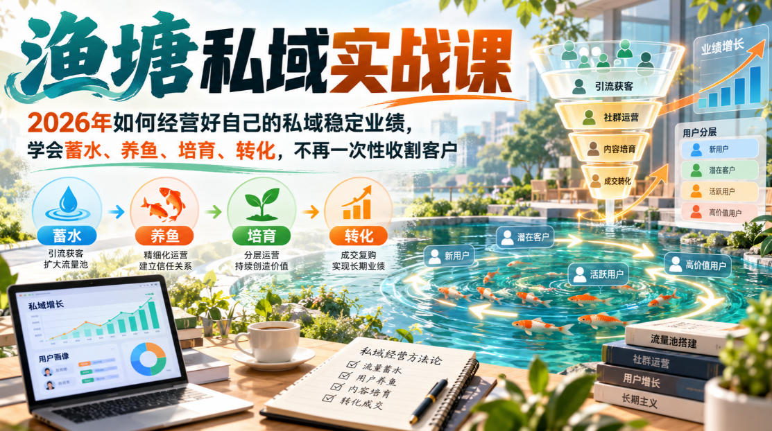渔塘私域实战课，2026年如何经营好自己的私域稳定业绩，学会蓄水、养鱼、培育、转化，不再一次性收割客户-梦清研习社