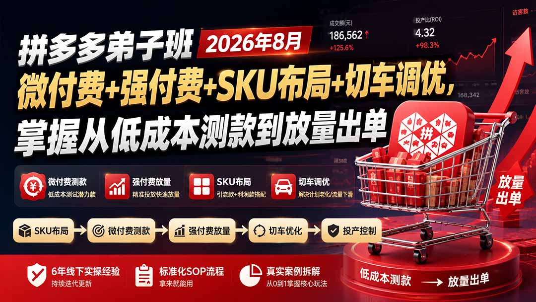 拼多多弟子班2026年8月：微付费+强付费+SKU布局+切车调优，掌握从低成本测款到放量出单-梦清研习社