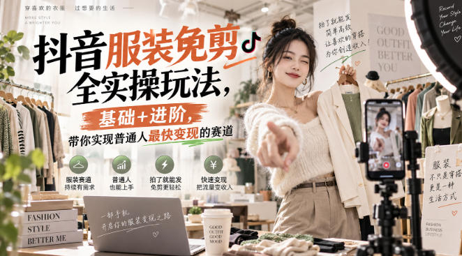 抖音服装免剪全实操玩法，基础+进阶，带你实现普通人最快变现的赛道-梦清研习社