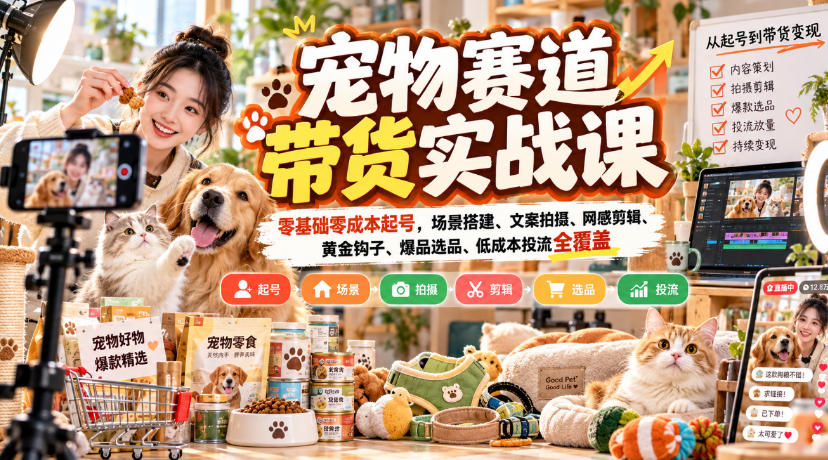 宠物赛道带货实战课，零基础零成本起号，场景搭建、文案拍摄、网感剪辑、黄金钩子、爆品选品、低成本投流全覆盖-梦清研习社