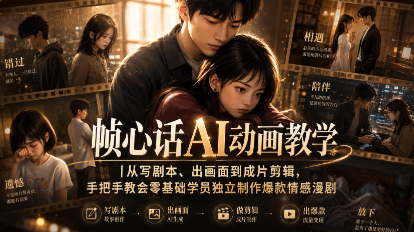 帧心话AI动画教学｜从写剧本、出画面到成片剪辑，手把手教会零基础学员独立制作爆款情感漫剧-梦清研习社