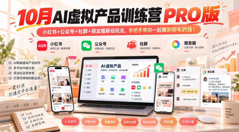 10月AI虚拟产品训练营PRO版，小红书+公众号+社群+朋友圈联动玩法，手把手带你一起赚到明年的钱！(更新1029)-梦清研习社