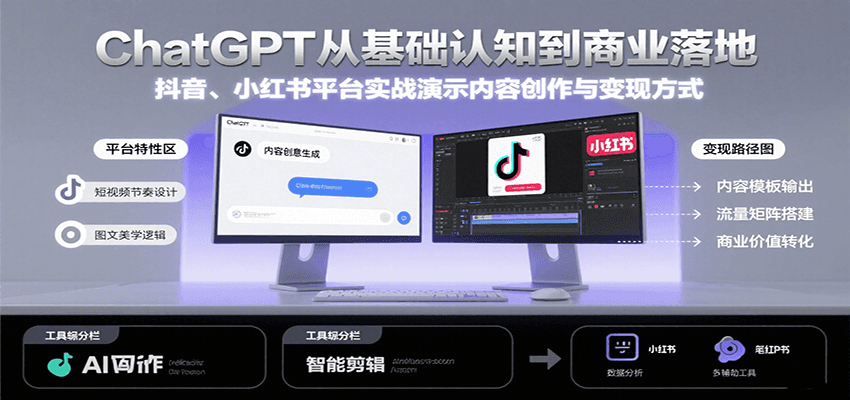 ChatGPT从基础认知到商业落地，实战演示抖音、小红书等平台的内容创作与变现-梦清研习社