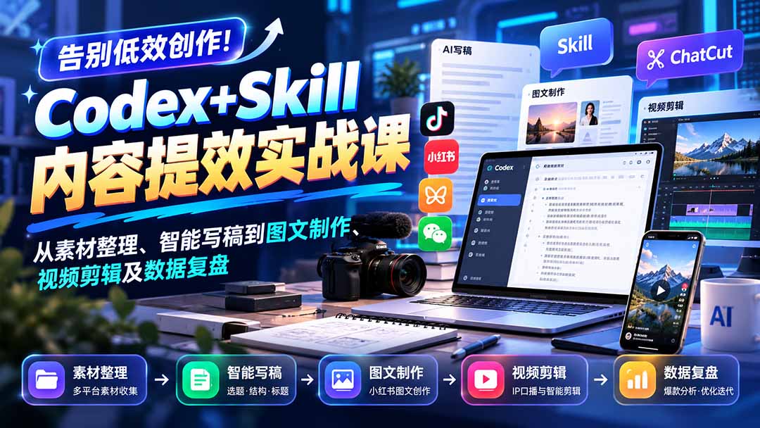 【无水印】告别低效创作！Codex+Skill内容提效实战课：从素材整理、智能写稿到图文制作、视频剪辑及数据复盘-梦清研习社
