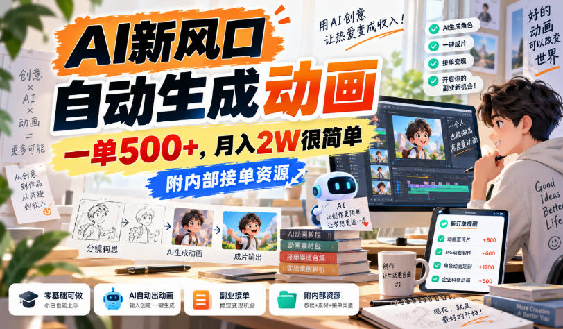 AI新风口，自动生成动画，一单500+，月入2W很简单，附内部接单资源【揭秘】-梦清研习社