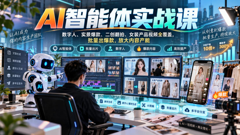 AI智能体实战课，数字人、实景爆款、二创翻拍、女装产品视频全覆盖，批量出爆款，放大内容产能-梦清研习社