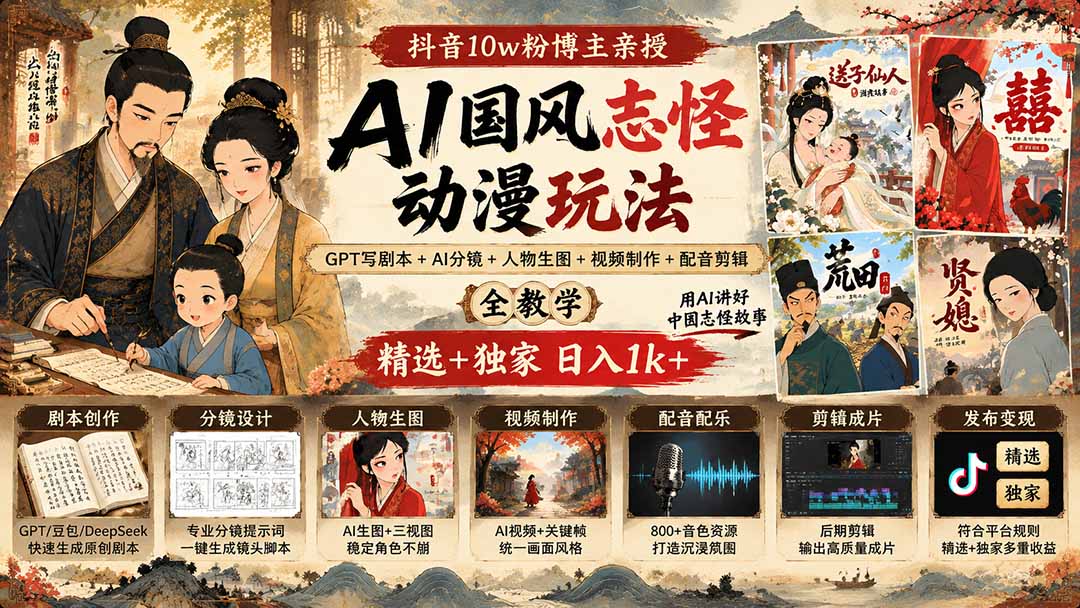 抖音10w粉博主亲授AI国风志怪动漫玩法｜GPT写剧本+AI分镜+人物生图+视频制作+配音剪辑全教学｜精选+独家日入1k+-梦清研习社