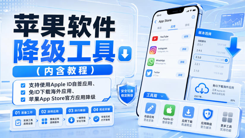 苹果软件降级工具(内含教程)，支持使用Apple ID自签应用、免ID下载海外应用、苹果App Store官方应用降级等-梦清研习社
