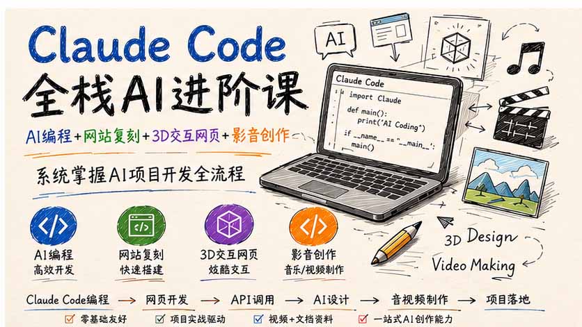 Claude Code全栈AI进阶课;AI编程+网站复刻+3D交互网页+影音创作,系统掌握AI项目开发全流程-梦清研习社