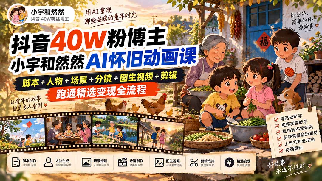 抖音40W粉博主小宇和然然AI怀旧动画课｜脚本+人物+场景+分镜+图生视频+剪辑，跑通精选变现全流程-梦清研习社
