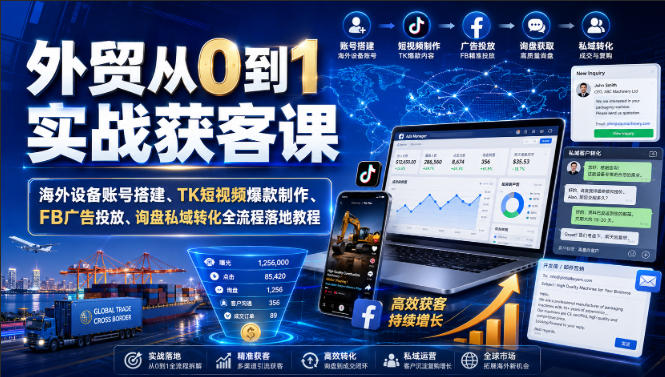 外贸从0到1实战获客课｜海外设备账号搭建、TK短视频爆款制作、FB广告投放、询盘私域转化全流程落地教程-梦清研习社