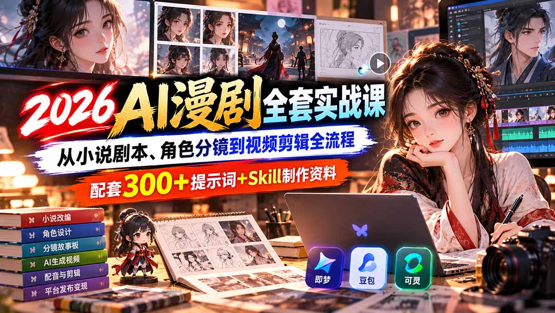 【无水印】2026AI漫剧全套实战课：从小说剧本、角色分镜到视频剪辑全流程，配套300+提示词+Skill制作资料-梦清研习社