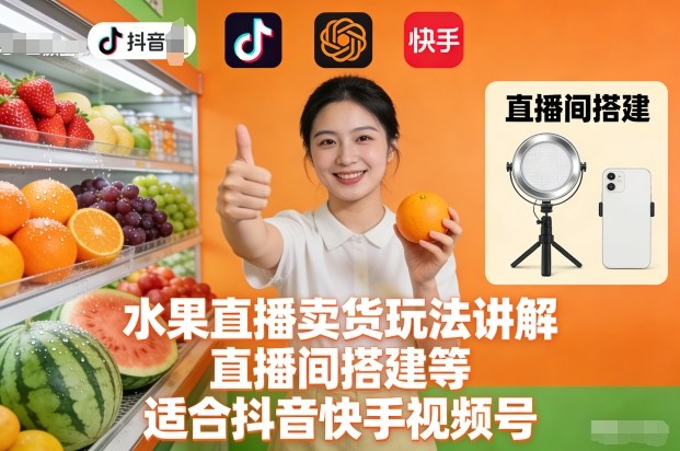 水果直播卖货玩法讲解、直播间搭建等,适合抖音快手视频号-梦清研习社