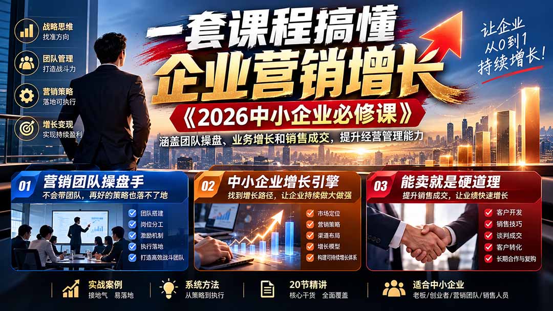 一套课程搞懂企业营销增长《2026中小企业必修课》涵盖团队操盘、业务增长和销售成交，提升经营管理能力-梦清研习社