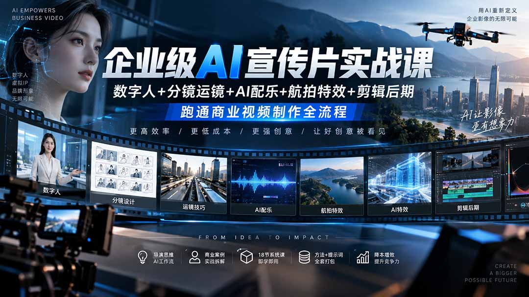 企业级AI宣传片实战课｜数字人+分镜运镜+AI配乐+航拍特效+剪辑后期，跑通商业视频制作全流程-梦清研习社