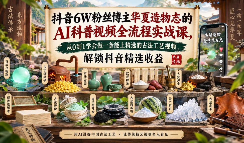 抖音6W粉丝博主华夏造物志的AI科普视频全流程实战课，从0到1学会做一条能上精选的古法工艺视频，解锁抖音精选收益-梦清研习社