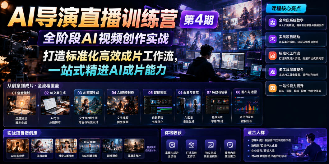 AI导演直播训练营第4期｜全阶段AI视频创作实战，打造标准化高效成片工作流，一站式精进AI成片能力-梦清研习社