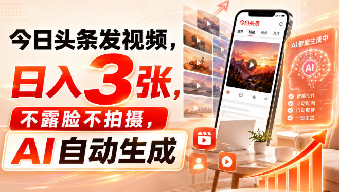 今日头条发视频，日入3张，不露脸不拍摄，AI自动生成-梦清研习社