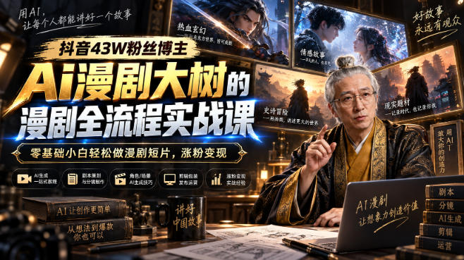 抖音43W粉丝博主Ai漫剧大树的漫剧制作全流程实战课，零基础小白轻松做漫剧短片，涨粉变现-梦清研习社