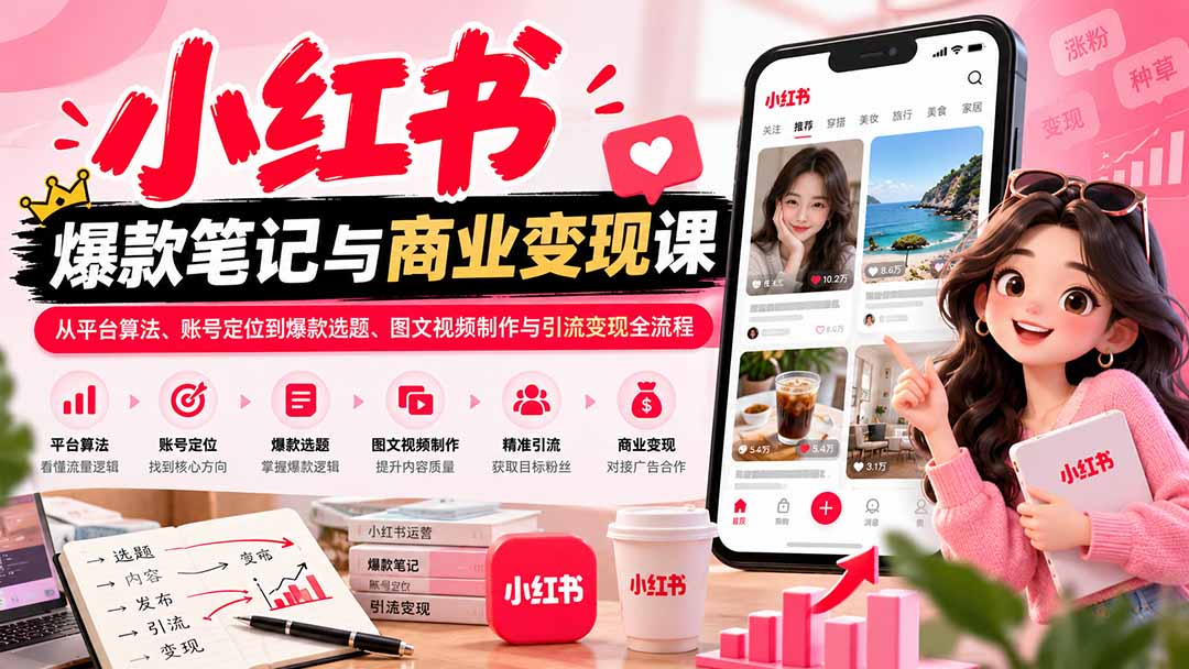 2026小红书爆款笔记与商业变现课：从平台算法、账号定位到爆款选题、图文视频制作与引流变现全流程-梦清研习社