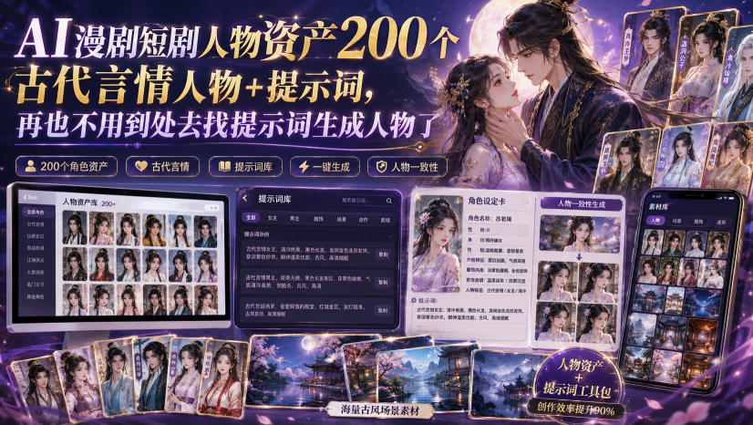 AI漫剧短剧人物资产200个古代言情人物+提示词，再也不用到处去找提示词生成人物了-梦清研习社