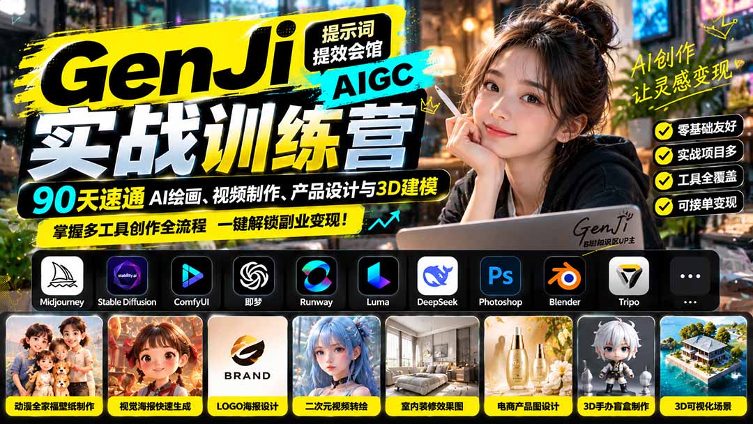 GenJi AIGC实战训练营：90天速通AI绘画、视频制作、产品设计与3D建模，掌握多工具创作全流程-梦清研习社