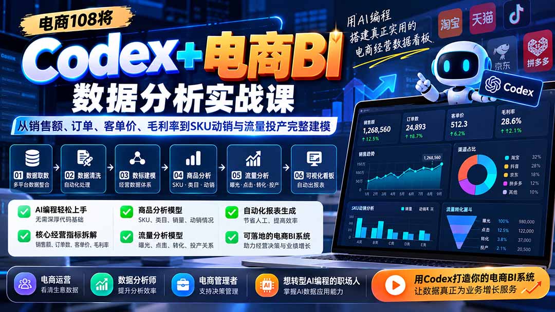 Codex+电商BI数据分析实战课-更新:从销售额、订单、客单价、毛利率到SKU动销与流量投产完整建模-梦清研习社