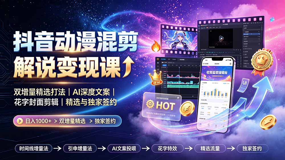 抖音动漫混剪解说变现课：双增量精选打法｜AI深度文案｜花字封面剪辑｜ 精选与独家签约日入1000+-梦清研习社