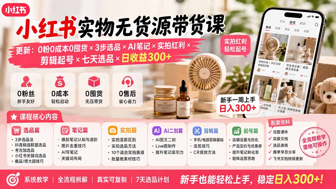 小红书实物无货源带货课-更新：0粉0成本0囤货×3步选品×AI笔记×实拍红利×剪辑起号×七天选品×日收益300+-梦清研习社