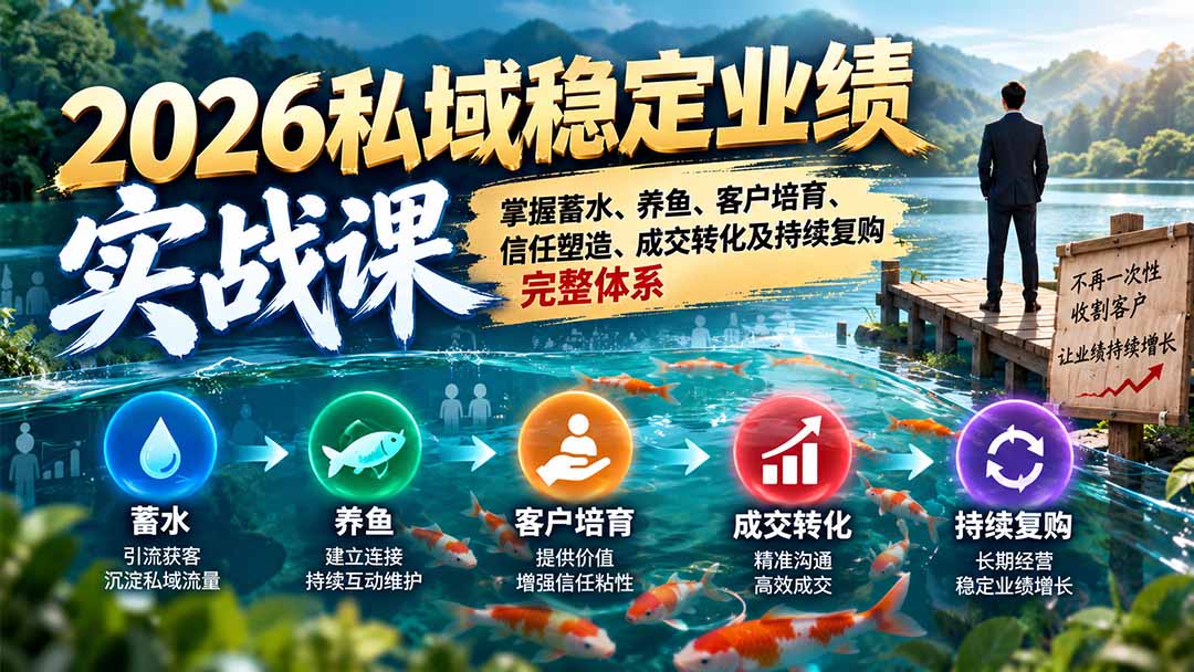 2026私域稳定业绩实战课：掌握蓄水、养鱼、客户培育、信任塑造、成交转化及持续复购完整体系-梦清研习社