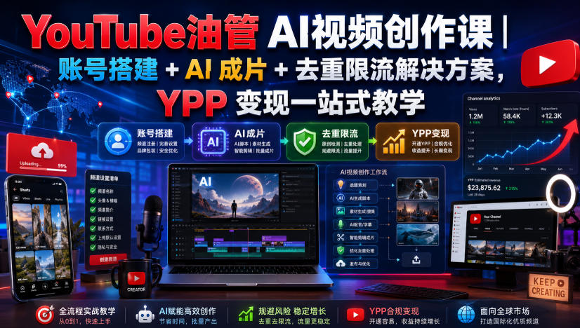 YouTube油管AI视频创作课|账号搭建+AI成片+去重限流解决方案,YPP变现一站式教学-梦清研习社