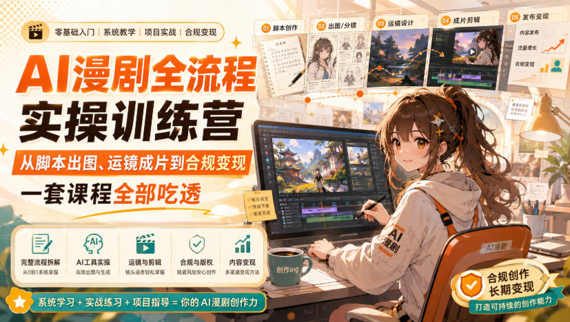 AI漫剧全流程实操训练营，从脚本出图、运镜成片到合规变现，一套课程全部吃透-梦清研习社