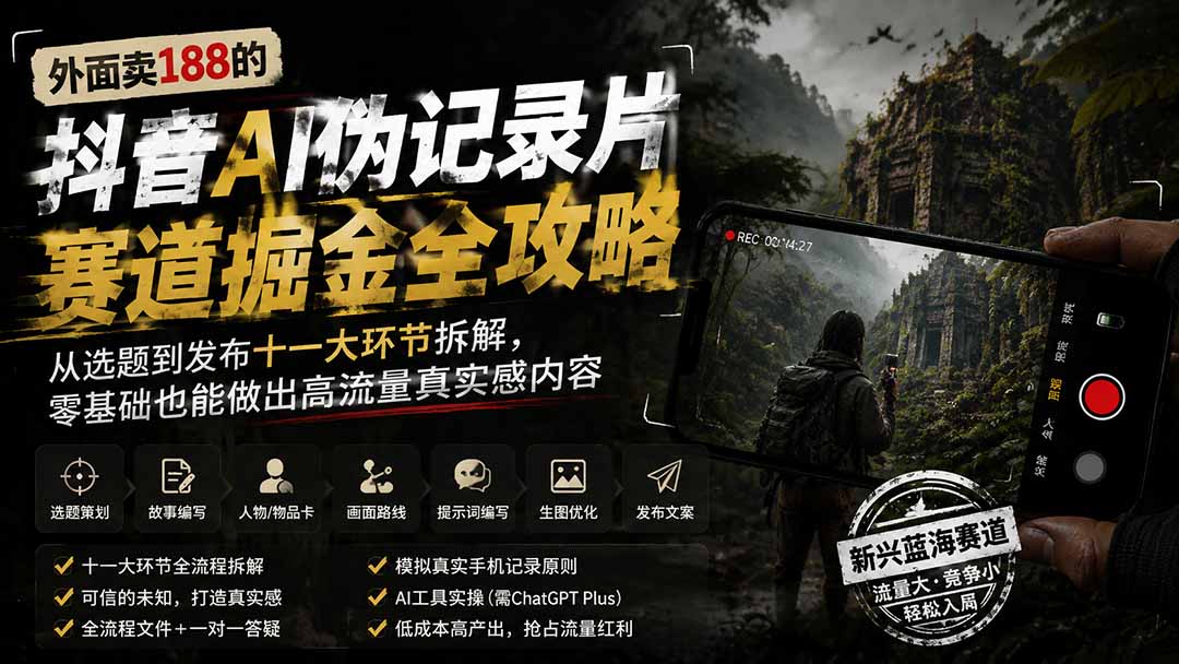 外面卖188的抖音AI伪记录片赛道掘金全攻略；从选题到发布十一大环节拆解，零基础也能做出高流量真实感内容-梦清研习社