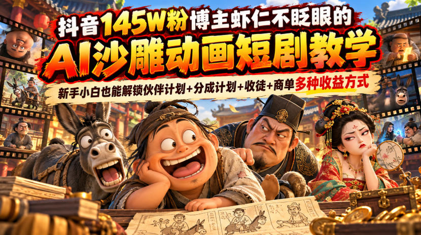 抖音145W粉博主虾仁不眨眼的AI沙雕动画短剧教学，新手小白也能解锁伙伴计划+分成计划+收徒+商单多种收益方式-梦清研习社