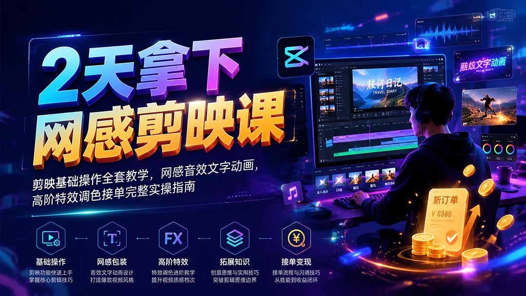 2天拿下网感剪辑课｜剪映基础操作全套教学，网感音效文字动画，高阶特效调色接单完整实操指南-梦清研习社
